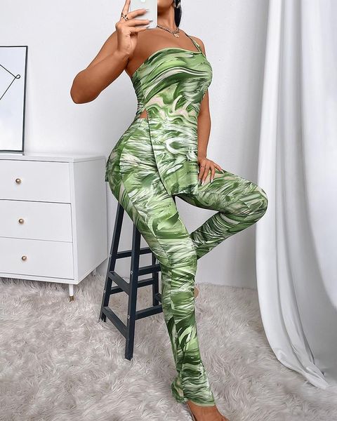 

women's two piece pants abstract printed one shoulder split hem and tights set, White
