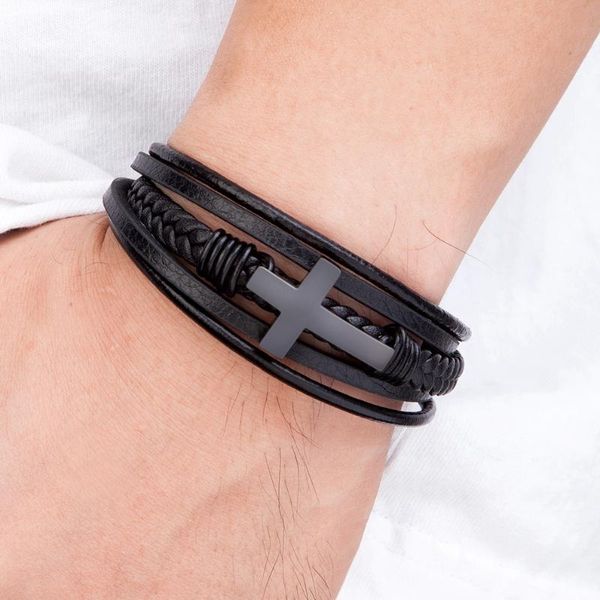 

charm bracelets classic style cross men bracelet multi-layer stainless steel leather bangles magnetic clasp for friend fashion jewelry gifts, Golden;silver