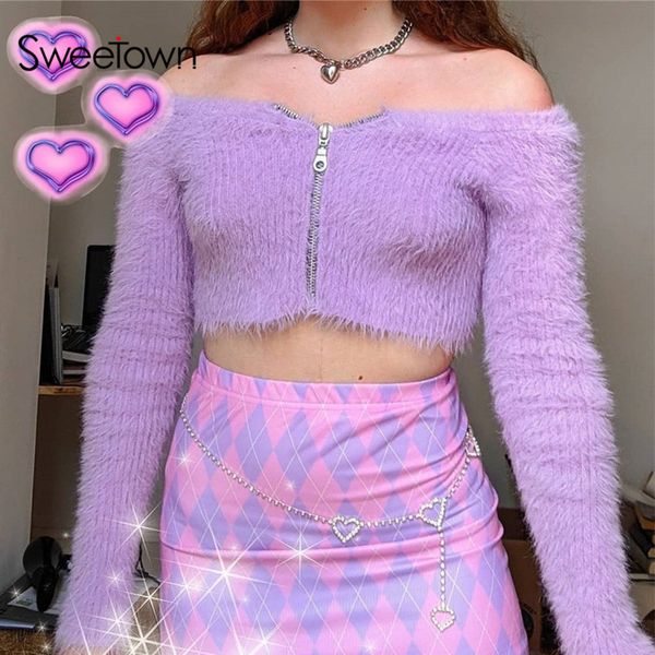 

purple mink fur knitted fuzzy cardigan sweater women zipper long sleeve 90s cropped knitwear fashion cute y2k clothes, Black;white