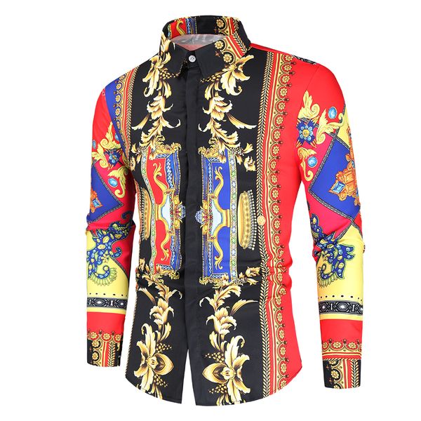 

gold lace pattern men's long-sleeved shirt comfortable fit fashion retro style travel office entertainment, White;black