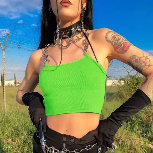 

women's tanks & camis women chains spaghetti straps neon green canale patchwork 2021 summer fashion club party streetwear female crop t, White