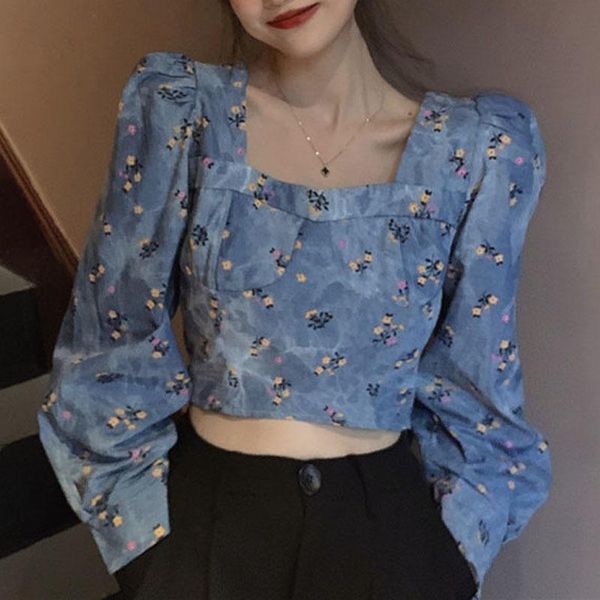 

women's blouses & shirts 2021 spring autumn high waist short demin blusas korean floral women jean blouse puff long sleeve square colla, White