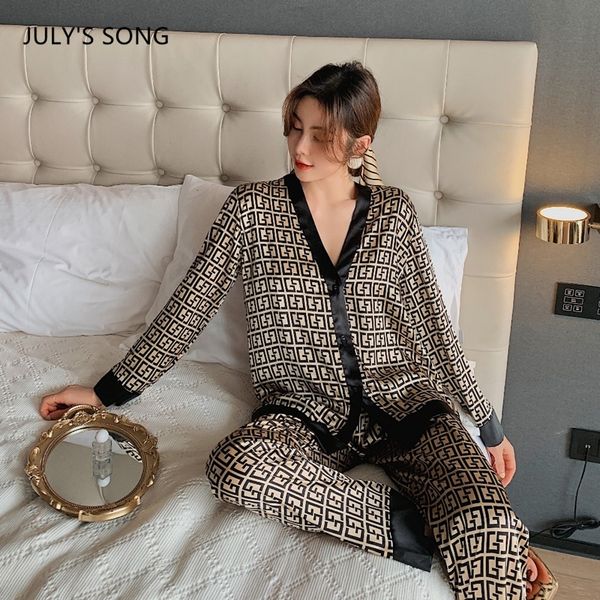 

july's song pajamas set women stain spring autumn sleepwear retro luxury ice silk 2 pieces letter printing long-sleeved homewear 210320, Black;red
