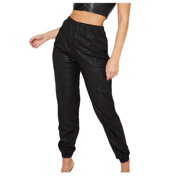 

women's leggings women pu leather pants fashion street lady elastic waist pencil autumn drawstring sweatpants pockets cool trousers, Black