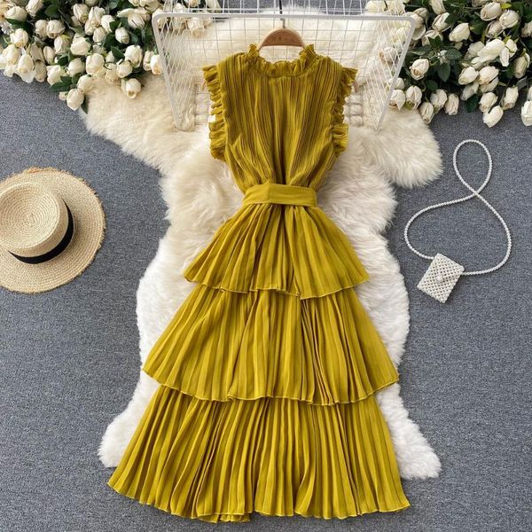 

casual dresses b998 women's fashion pleated wood ear round collar slim ruffled chiffon cake dress sleeveless solid color vestidos de mu, Black;gray
