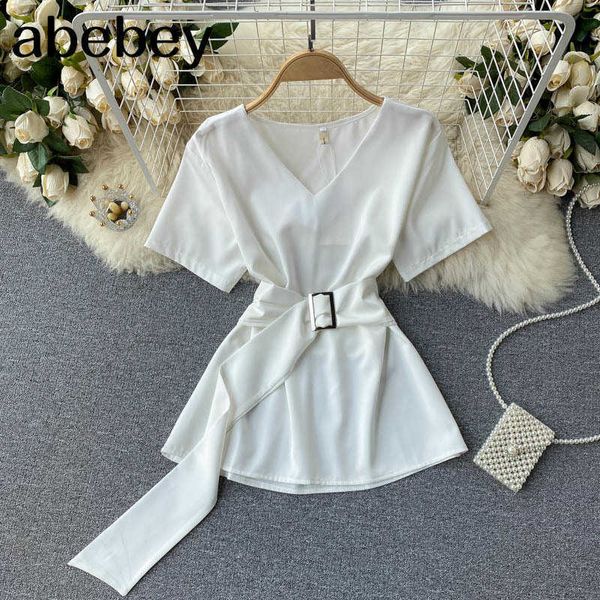

women korean blouse elegant solid v neck short sleeve short fashion streetwear blouses 210715, White