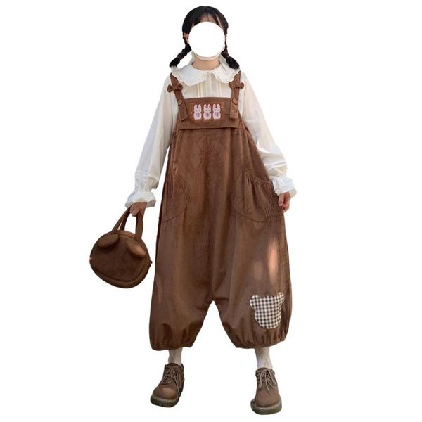 

women's pants & capris harajuku kawaii corduroy cargo girls wide leg cute cartoon brown harem overalls women casual vintage plaid jum, Black;white