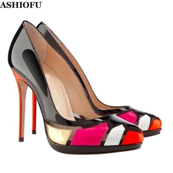 

dress shoes ashiofu handmade ladies high heel pumps patchwork party slip-on multicolored evening fashion court, Black