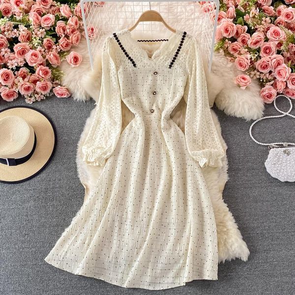 

casual dresses uulutonica autumn women elegant fashion a-line dot full lace mid-calf puff sleeve empire v-neck chiffon dress, Black;gray