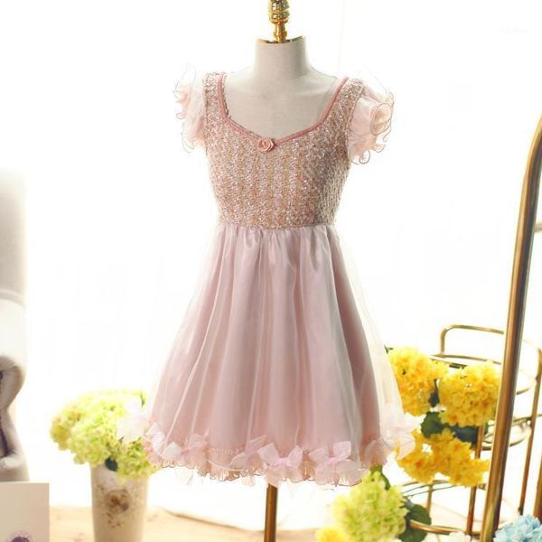 

casual dresses princess sweet lolita dress v-neck lovely short waist splicing yarn wave autumn uf49, Black;gray