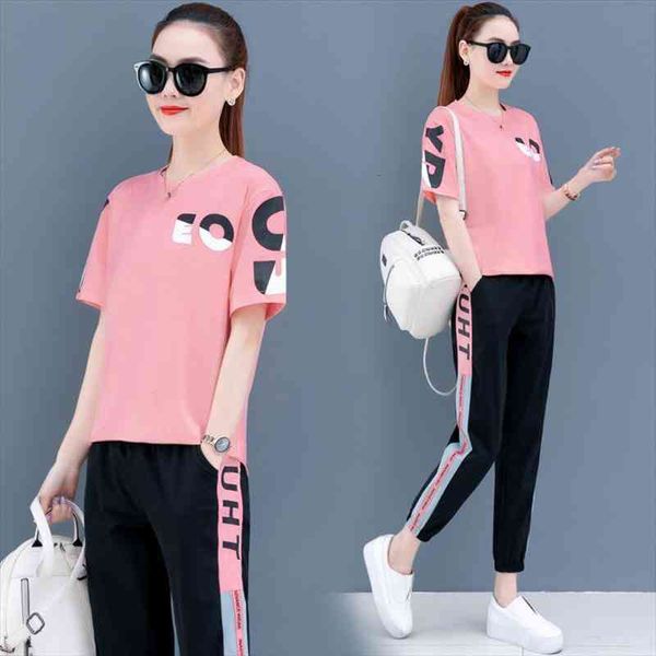

fashion trend two piece womenpant set young sports short sleeved trousers summer outfits for women clothes white pink black