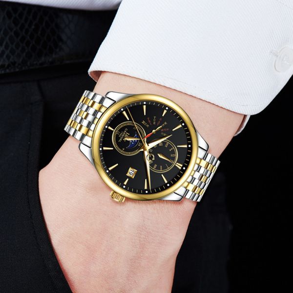 

trade marks lighting clocks for men full steel automatic carnival moon phase mechanical waterproof, Slivery;brown