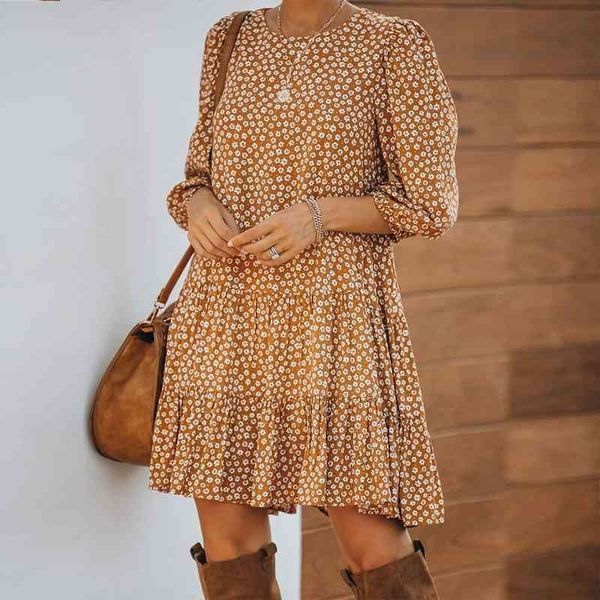 

casual dresses women spring floral print pleated long sleeve a line female autumn loose ruffle hem midi party home vestidos uqaj, Black;gray