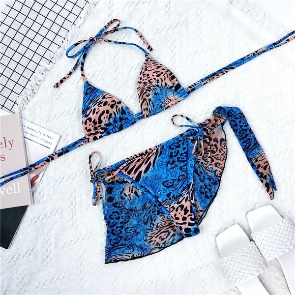 

new halter leopard bikini women swimwear female swimsuit three-pieces bikini set with sarong bather bathing suit swim k2924