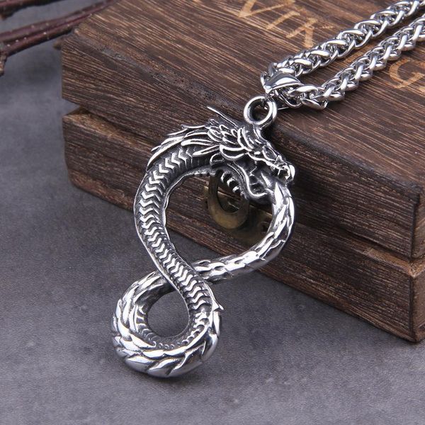 

pendant necklaces never fade norse dragon snake unlimited self-devourer ouroboros necklace with wooden box as gift, Silver