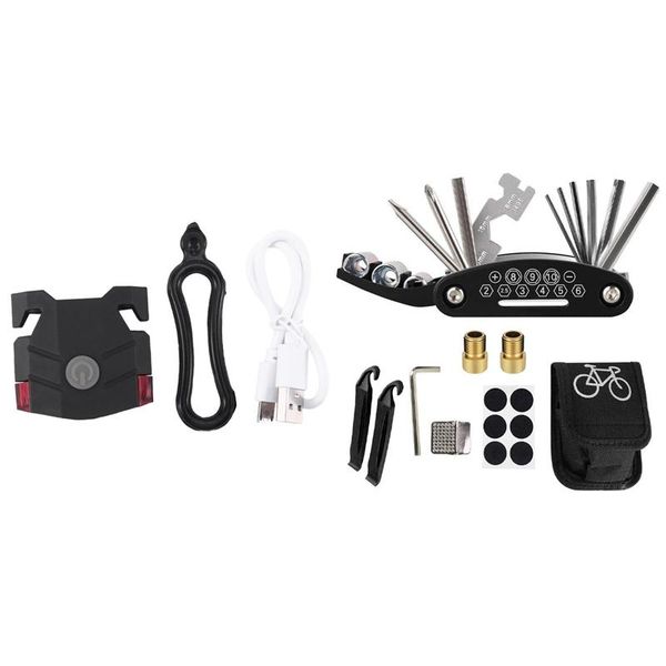 

bike lights 1 set repair tool kit, 16 in multi-function bicycle mechanic fix tools & pcs light usb rechargeable