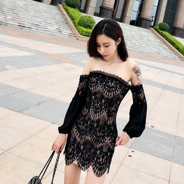 

casual dresses off shoulder women's clothing spring starpless short dress slash neck lace bodycon party vestidos femininos, Black;gray