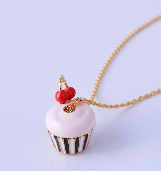

pendant necklaces creative cup cake shape small cherry exquisite three-dimensional enamel glaze long necklace, Silver