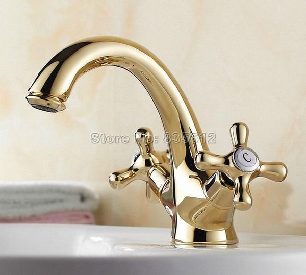 

golden brass bathroom basin faucet dual handles cold water mixer tap deck mount water tap tnf172