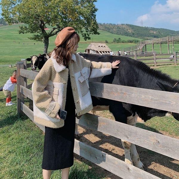 

women's wool & blends 2021 imitation lamb coat winter thickened small fragrance korean loose short splicing cashmere top, Black