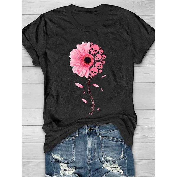 

ladies t-shirt pink flower print basic style harajuku summer casual street round neck short sleeve comfortable clothing, White