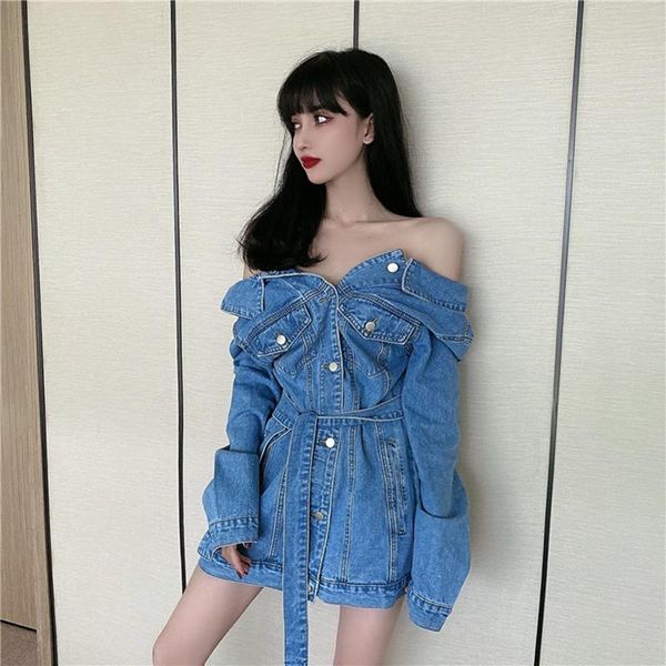 

casual dresses spring autumn vintage denim shirt dress women mini full sleeve back single breasted sashes patchwork female short, Black;gray