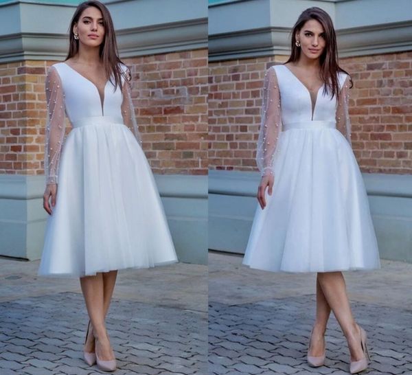 

2022 elegant short ivory tulle wedding dress a line long sleeves pearl knee-length bridal gowns wedding party dresses vestido novia robe de, White
