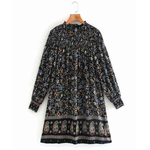

summer women vintage dress print long sleeve o-neck mini straight es female elegant street loose clothes vestido 210513, Black;gray
