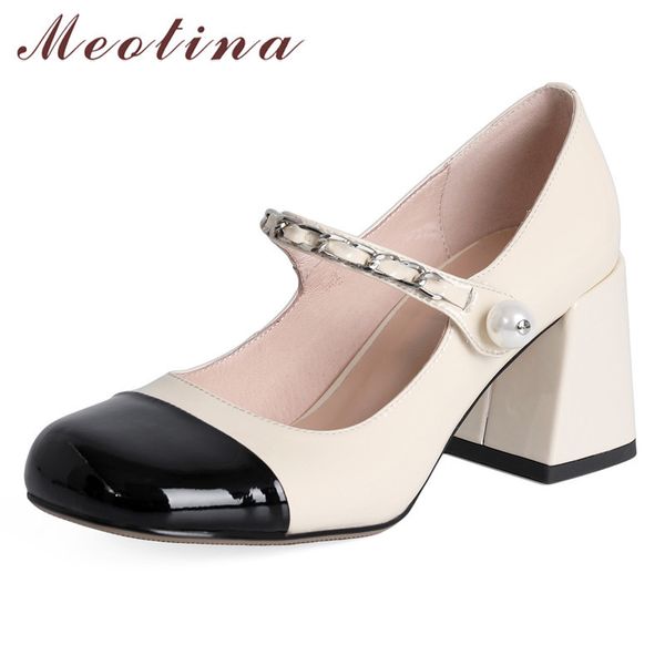 

meotina genuine leather high heel pumps women square toe mary janes shoes pearl chain fashion footwear block heels shoes spring 210520, Black