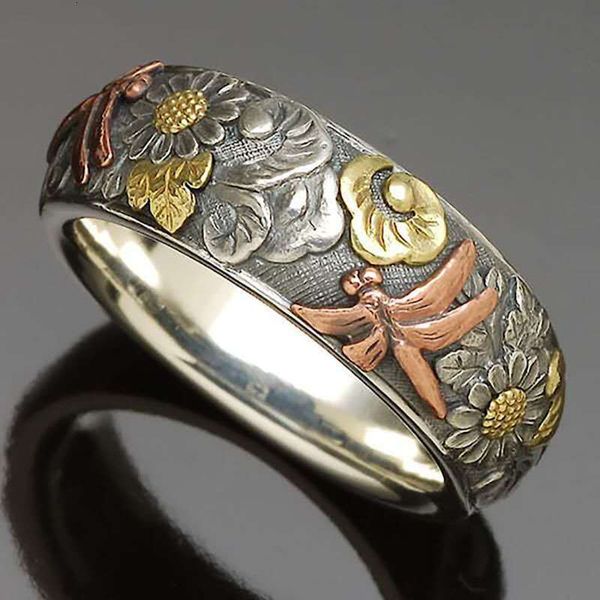 

flower yunjin ring personalized carving dragonfly animal ring for men and women, Slivery;golden