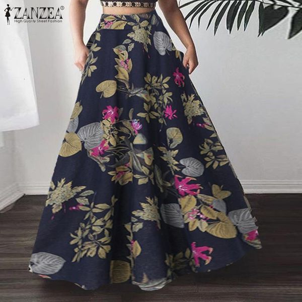 

skirts summer bohemian floral printed long women high waist a-line skirt jupe loose beach faldas saia ztmi, Black