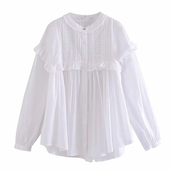 

women's blouses & shirts women fashion white spring summer crew neck tiered ruffle trimming elegant long sleeve casual blouse