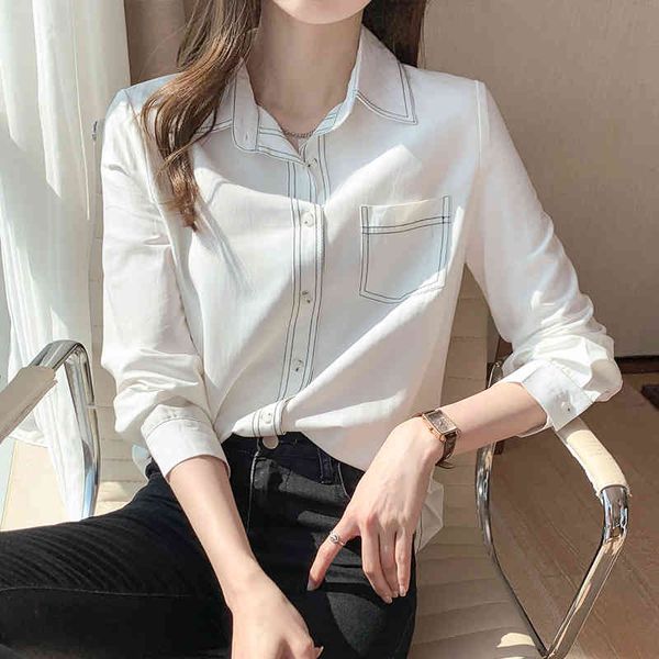 Корейские женские блузка белые рубашки с длинным рукавом женщины шифон блузки полосатые карманные вершины плюс размер 210427