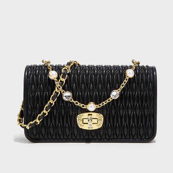 

bags handbag hands bag 2021 pearl shoulder belt chain small square women's messenger minority design single armpit, Black;red