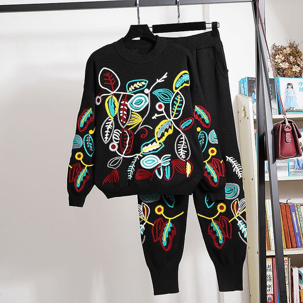 

pant white black gray tracksuits knitted set women embroidery pullover sweater pencil pants outfits female loose casual knitting suit