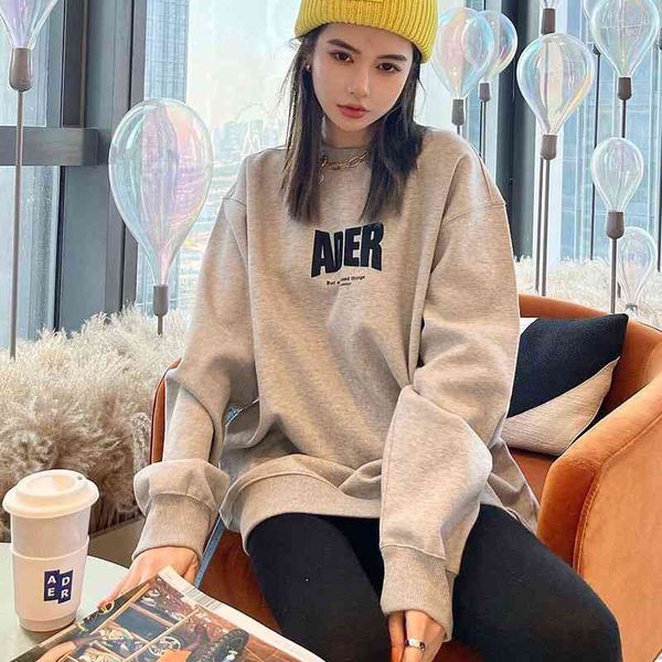 

ader2021 new early autumn sweater women's round neck loose large medium and long coat tide brand grey top, Black