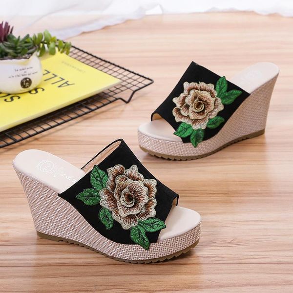 

fashion trifle bottom wedges embroidered ladies sandals slippers, Black