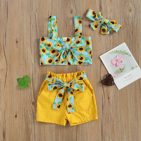 

0-5y summer kids baby girl clothing sunflower striped tube +solid shorts with belt+headband holiday 3pcs outfits set sets, White