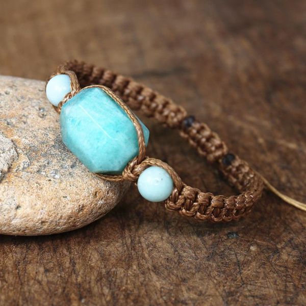 

charm bracelets natural amazonite stone braid bracelet & bangle for women men handmade jewelry yoga chakra wrap dropship, Golden;silver