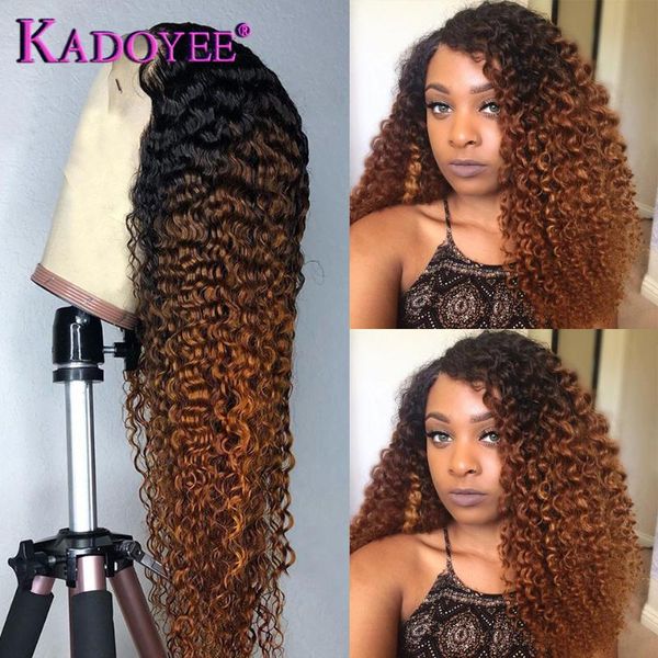 

1b/30 brown color 13x4 lace frontal wigs ombre curly front human hair preplucked brazilian 4x4 closure wig remy, Black;brown
