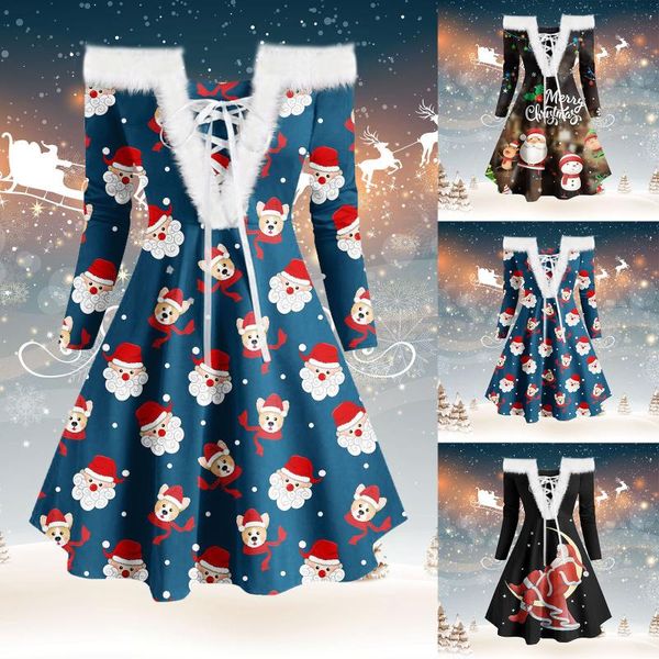 

casual dresses women's dress ladies party fur-collar strapless lace-up christmas print retro plush long-sleeved female, Black;gray