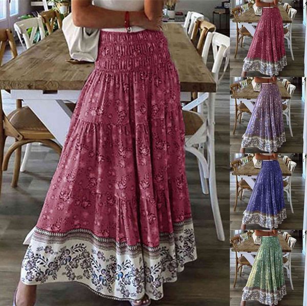 

high waist boho womens skirts beach long summer casual bohemia pink maxi skirt for women plus size 3xl, Black