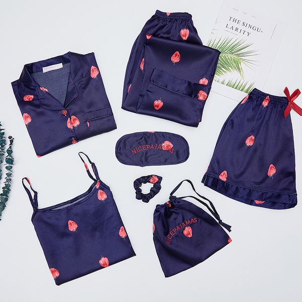 

women's sleepwear 7 pieces pajamas sets faux silk stain sling and shorts sweet strawberry printed long sleeve homewear cv6g, Black;red