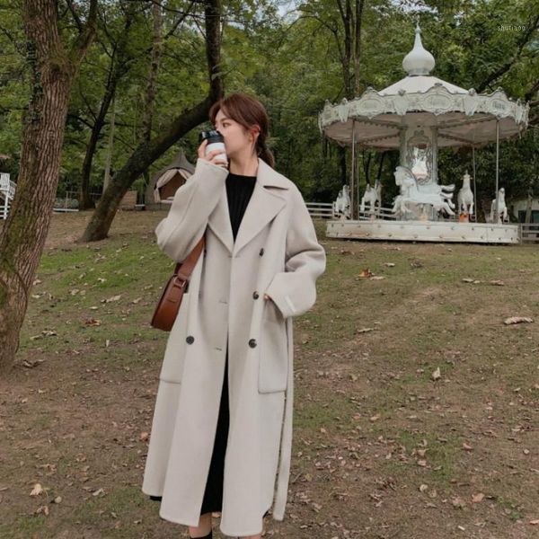 

women's wool & blends jacket women coat beige woolen for autumn and winter below-the-knee veste manteau femme, Black