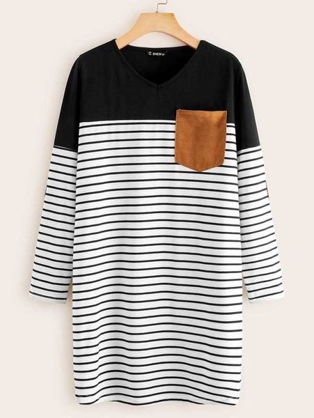 

suede elbow patched striped tee dress she, Black;gray