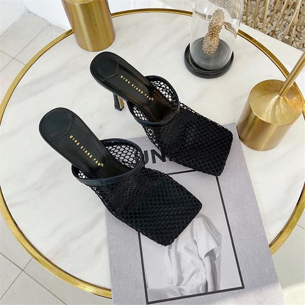 

2021 new net red same style women's sandals super women's shoes square toe mesh slippers 9 cmthin heels 4-8 9, Black