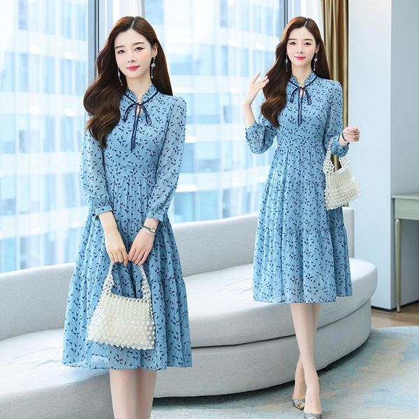 

casual dresses blue midi chiffon women print dress autumn spring runway 2021 y2k korean fairy long sleeve vintage elegant boho party, Black;gray