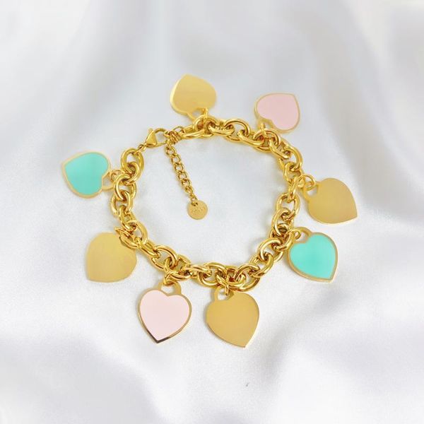 

link, chain women's stainless steel blue green enamel heart-shaped lock beaded bracelet sweet jewelry for lovers, Black