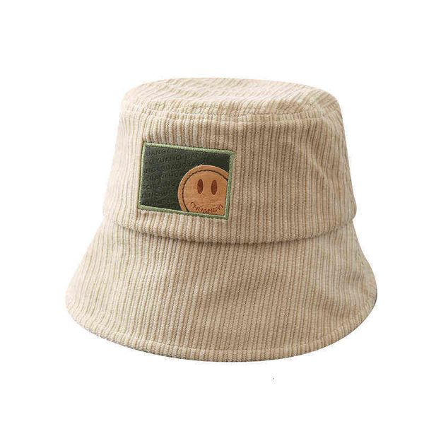 

striped stitching smiling face fisherman's hat women's warm bucket autumn and winter korean lovely corduroy basin hat, Blue;gray