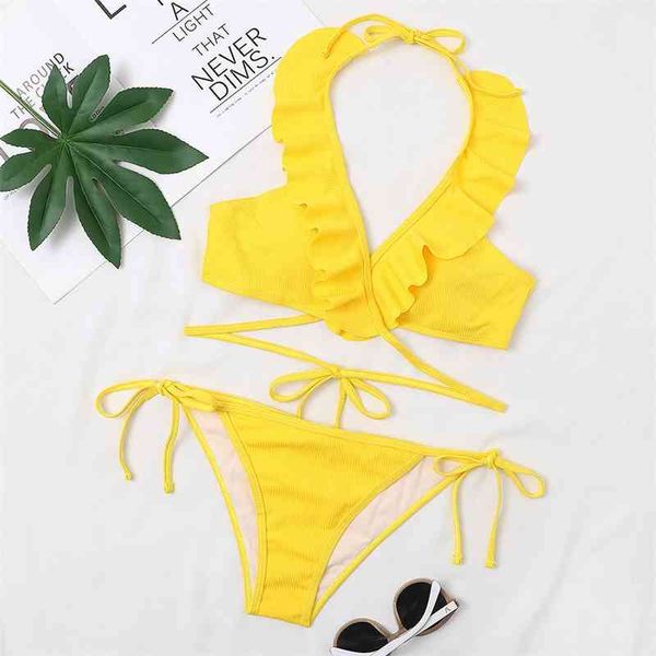 Push up Bikinis Mulheres Swimsuits Sexy Ruffle Swimwear Ribbed Ternos Thong Thong High Cut Beachwear Bikini Set Amarelo 210520